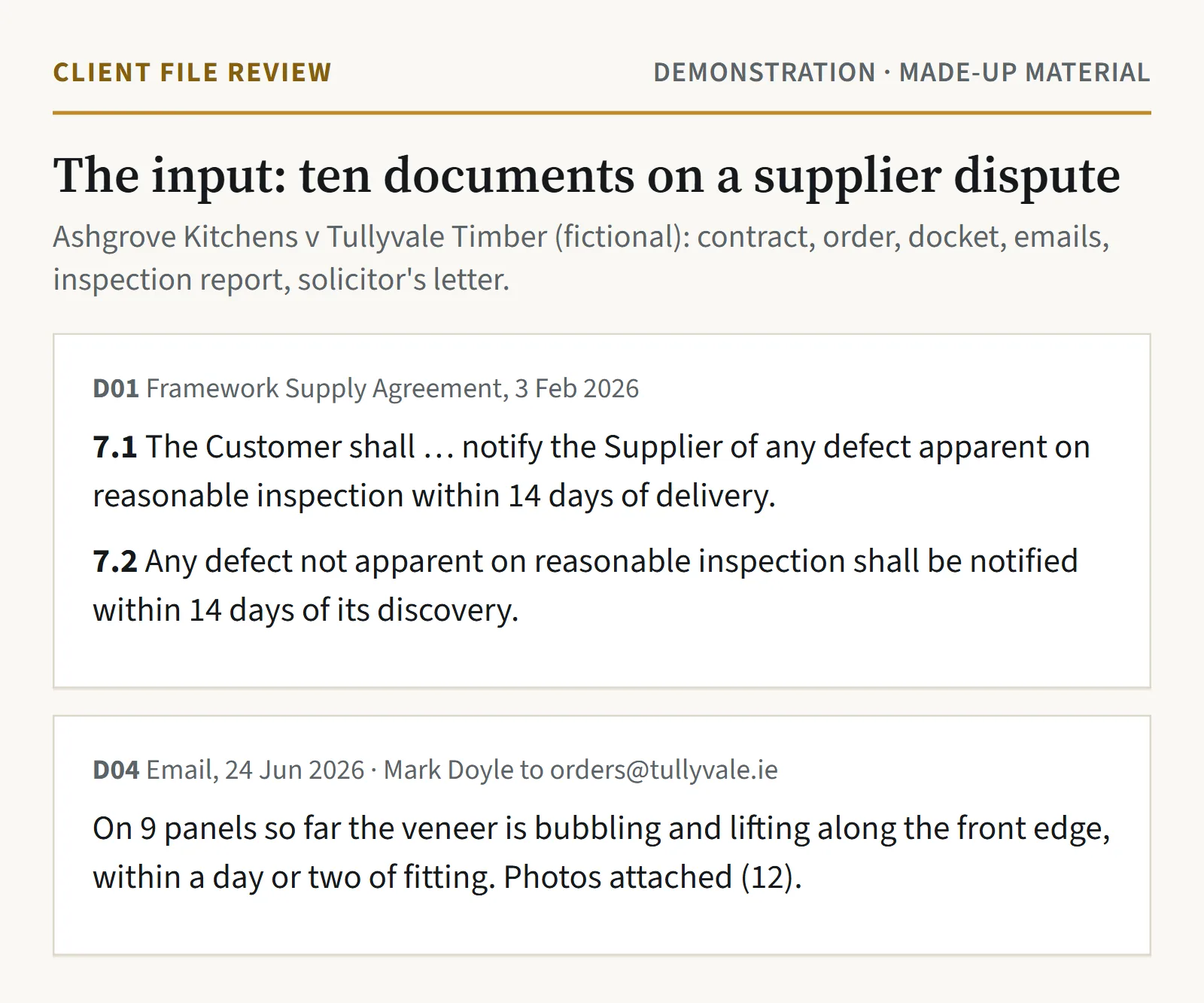Two source documents: clauses 7.1 and 7.2 of the supply agreement on notifying defects within 14 days, and the 24 June email reporting veneer lifting on 9 panels, sent to the supplier's orders address.