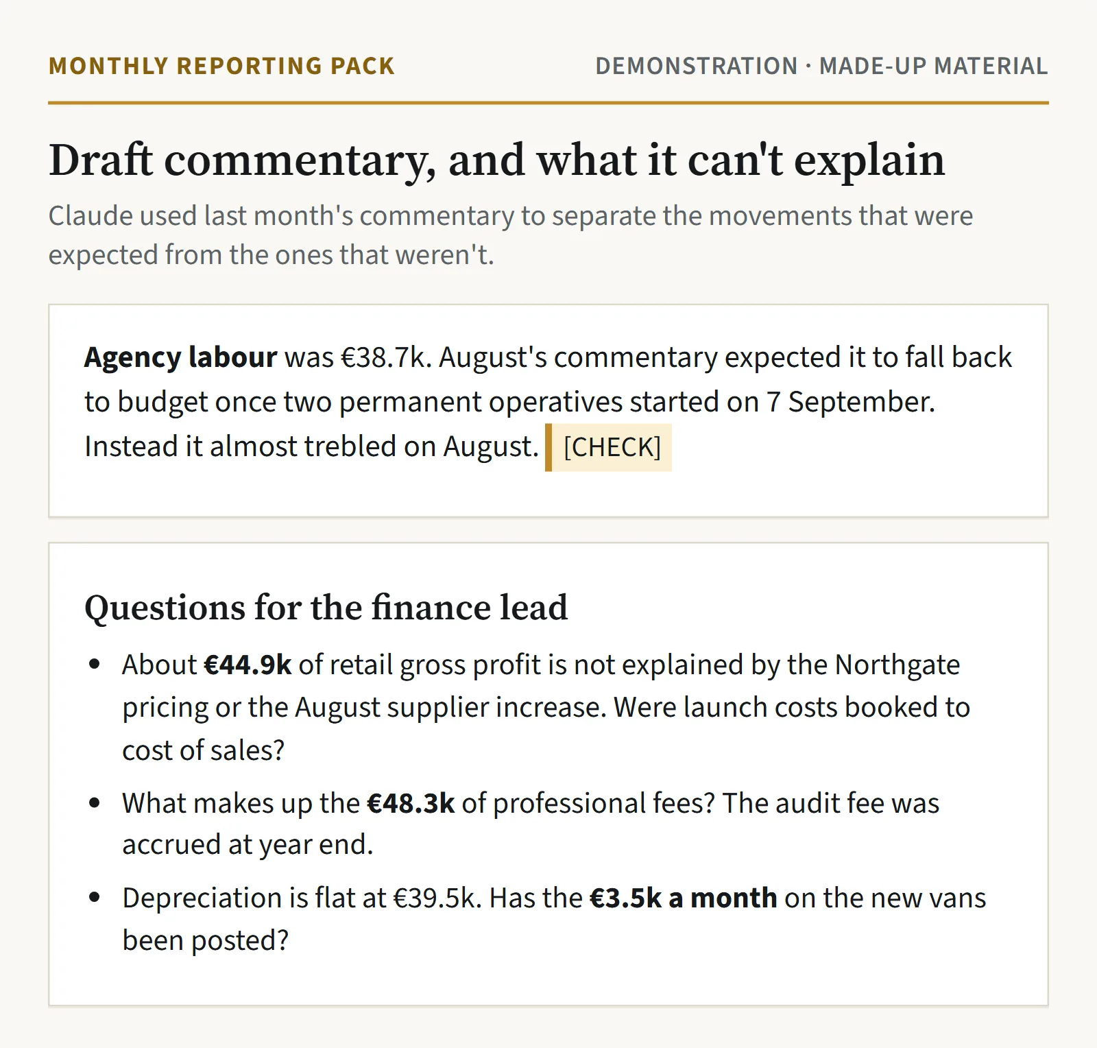 An excerpt from the draft commentary on agency labour marked CHECK, and three questions for the finance lead about retail margin, professional fees and depreciation on new vans.