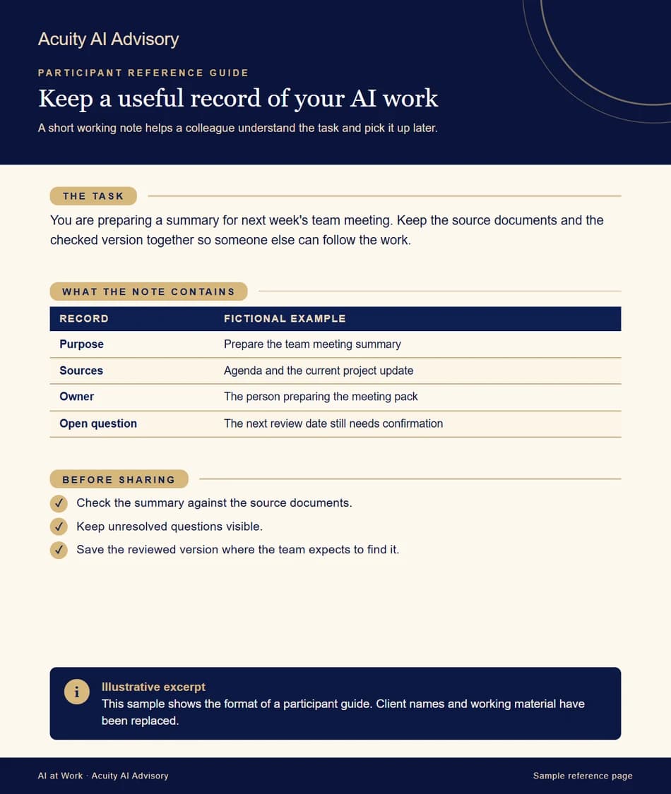 Illustrative participant reference guide: a task, a worked record and checks before sharing