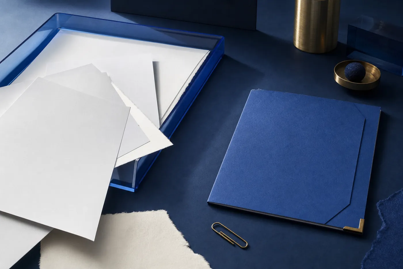 Papers in a tray beside a blue document folder on a desk