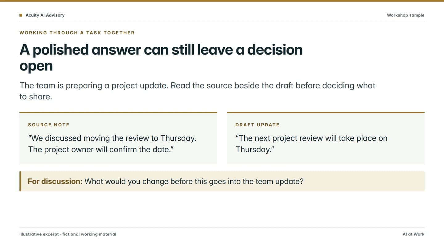 Illustrative workshop slide comparing a fictional source note with a draft update